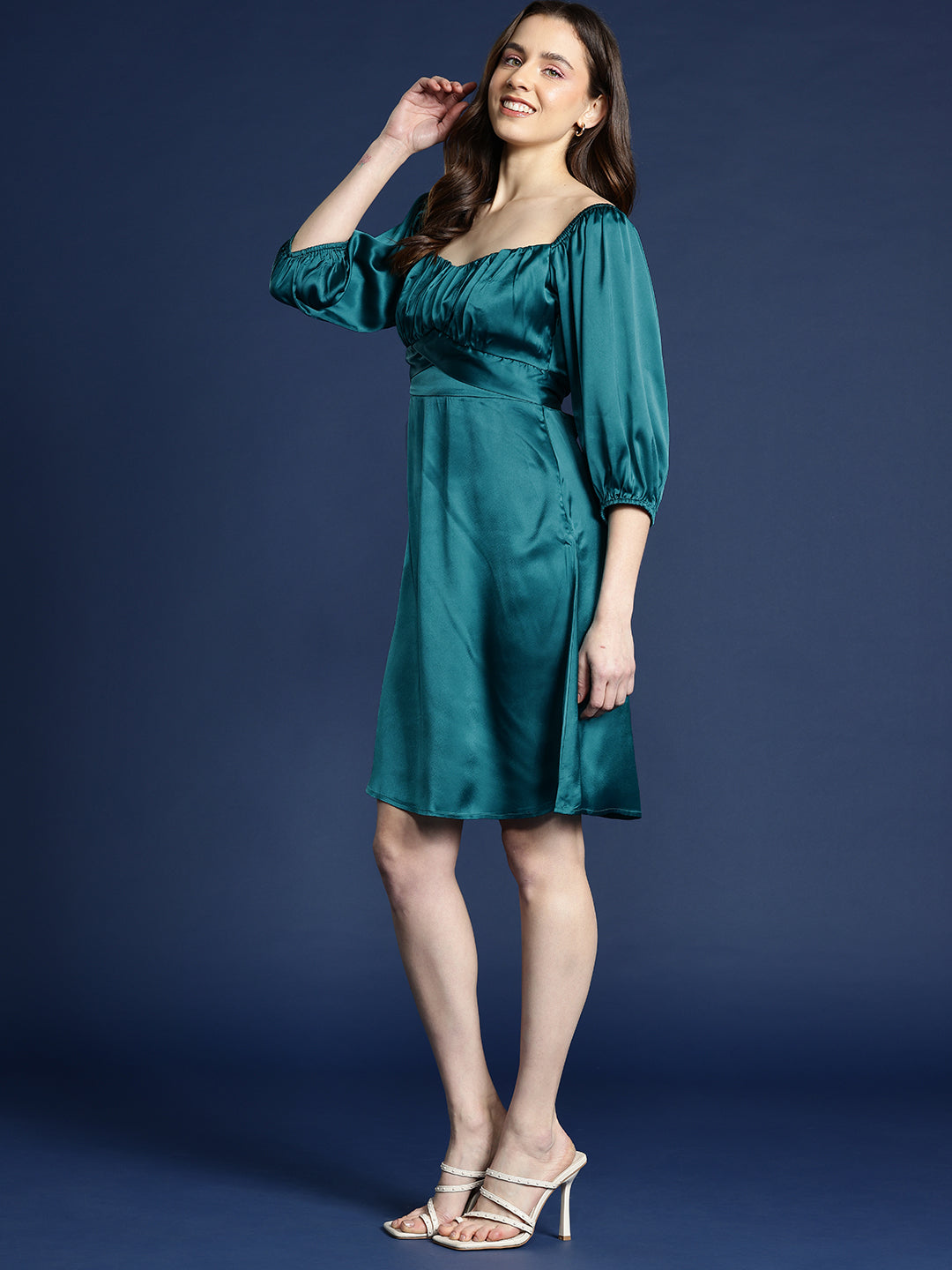 Teal Sweetheart Neck With Empire Waist Knee Length Dress In Satin