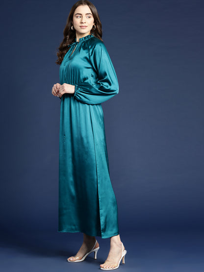 Teal Ruffle Detail Smocked Maxi Dress In Satin