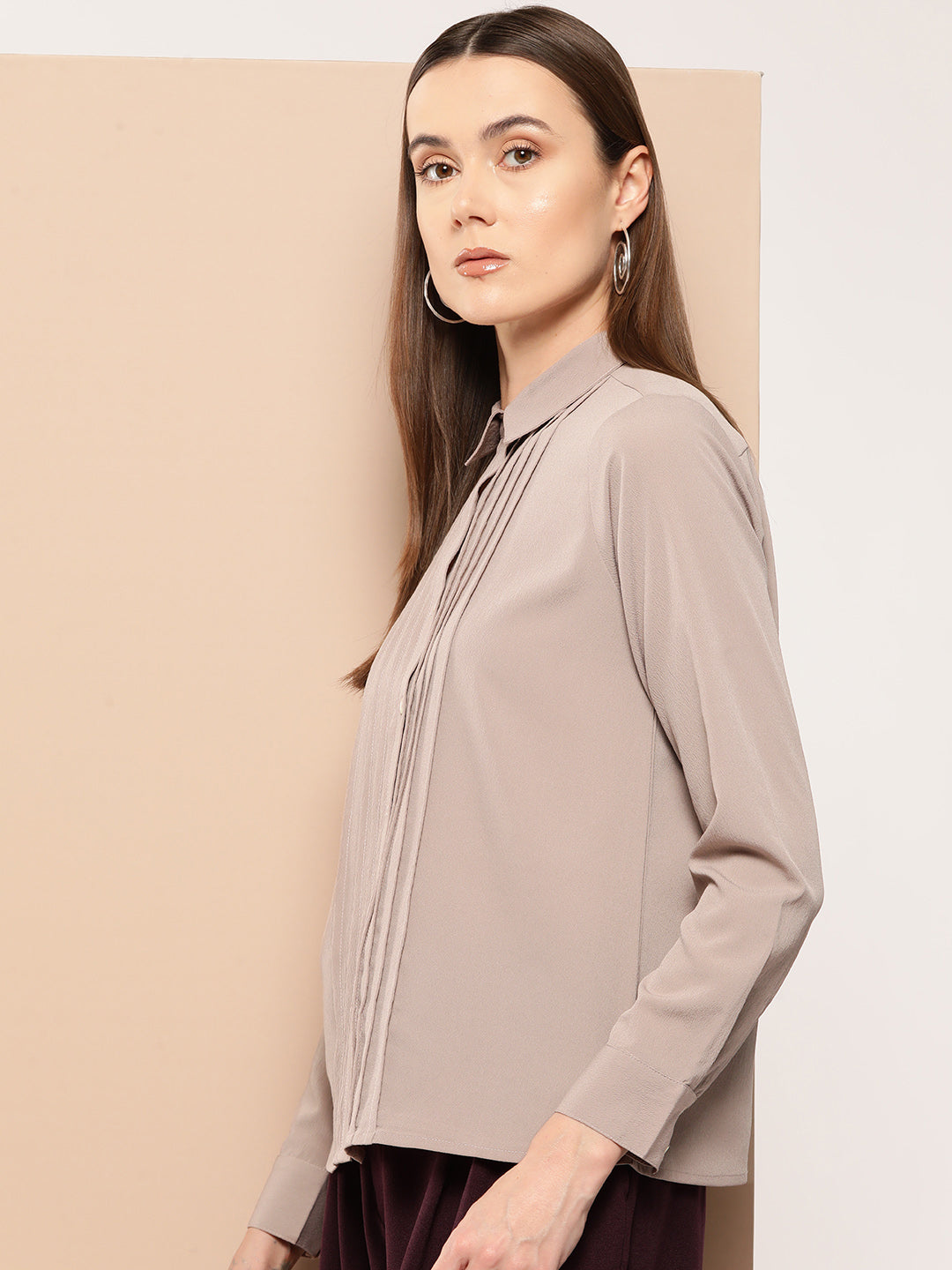 Taupe solid opaque Semi Formal shirt casual/Office young girls/women spread collar, button placket, long regular sleeves, curved hem polyester crepe ester crepe