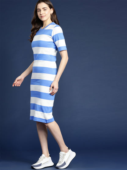 Blue And White Striped Midi Length T Shirt Dress