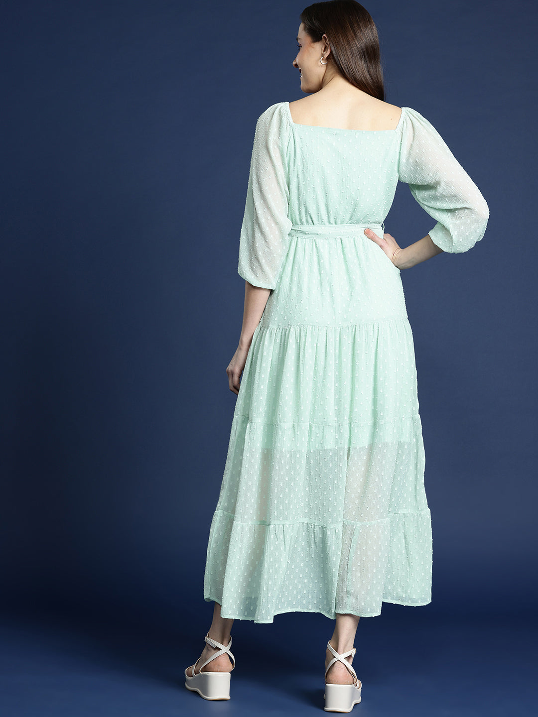 Pista Green Dobby Belted Tiered Maxi Dress