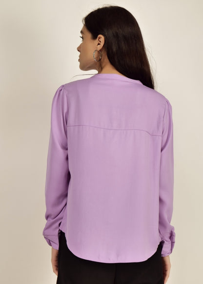 Lilac Full Sleeve Shirt casual/Office young girls/women Button Down Blouse for Women, Band Collar polyester crepe