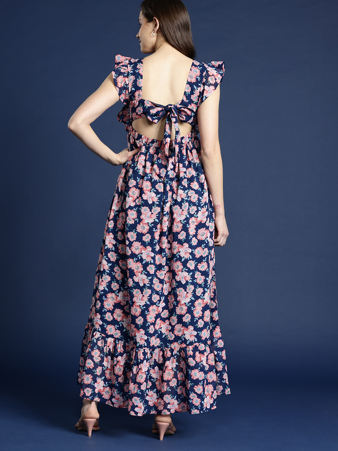 Floral Print Square Neck Ruffle Detail Maxi Length Dress