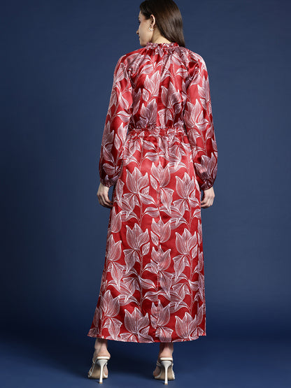 Exclusive red printed long dress Party wear women full sleeve long dress polyester satin