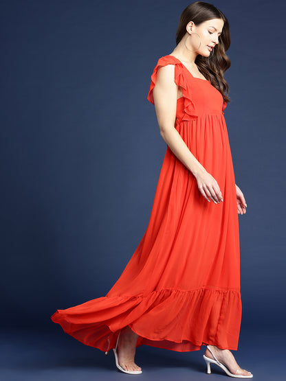 Orange Square Neck Ruffle Detail Maxi Length Dress