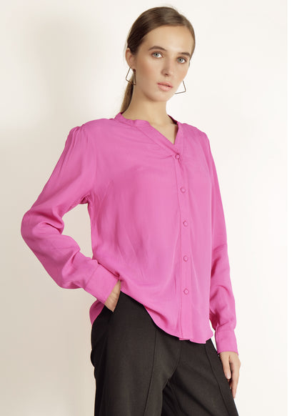 Pink Full Sleeve Shirt casual/Office young girls/women Button Down Blouse for Women, Band Collar polyster