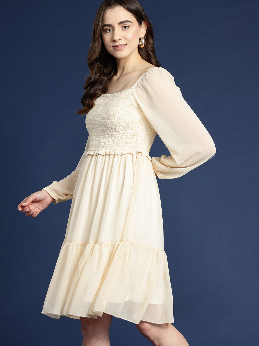 Beige Square Neck Tiered Knee Length Dress