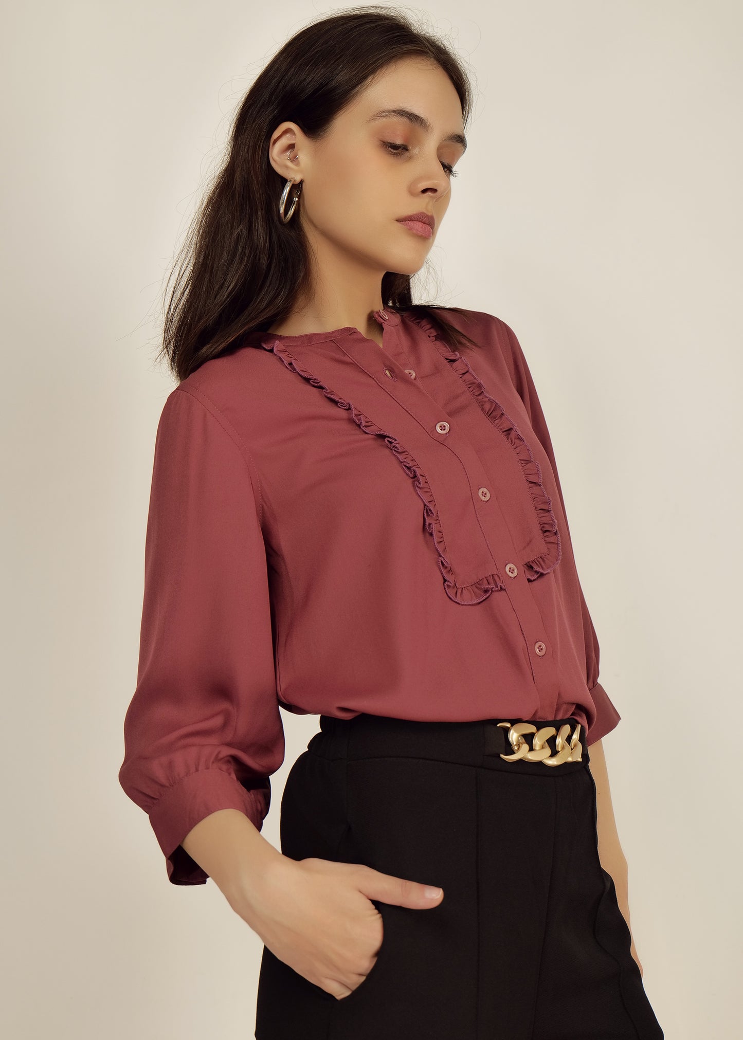 Light Brown Mandarin Collar Shirt casual/Office young girls/women Spread Collar Georgette Casual shirt Polyester Dobby