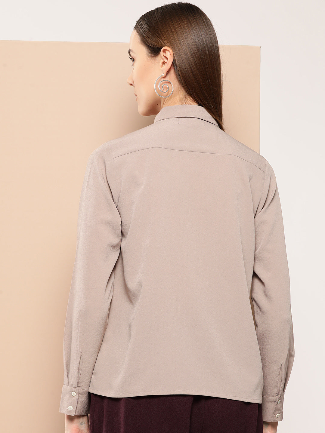 Taupe solid opaque Semi Formal shirt casual/Office young girls/women spread collar, button placket, long regular sleeves, curved hem polyester crepe ester crepe