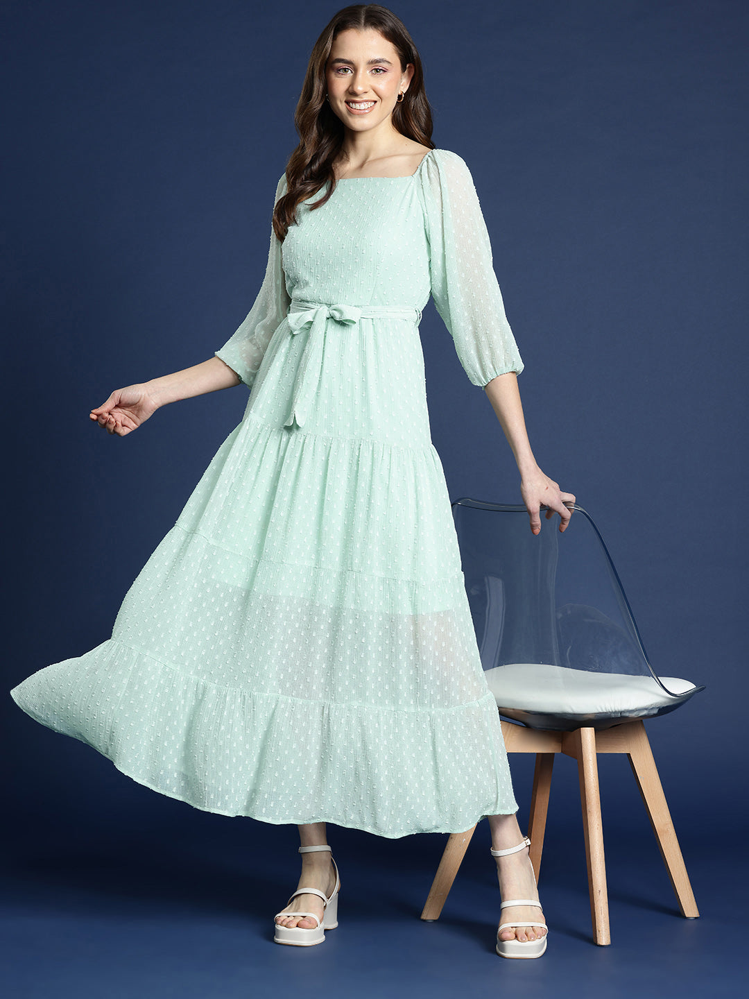 Pista Green Dobby Belted Tiered Maxi Dress