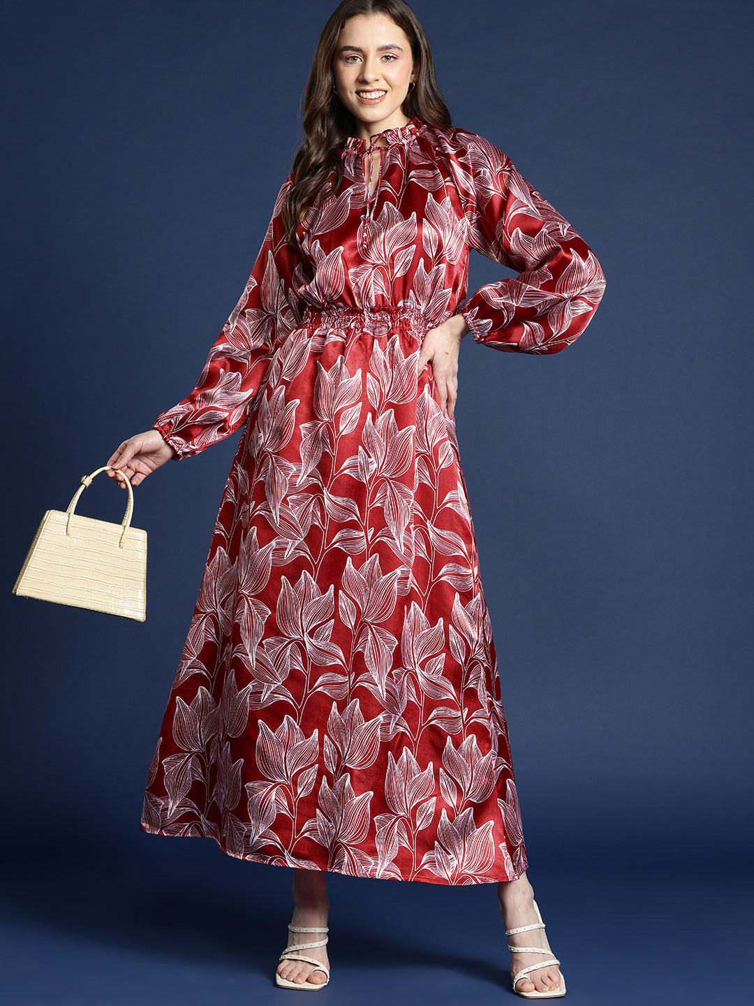 Exclusive red printed long dress Party wear women full sleeve long dress polyester satin