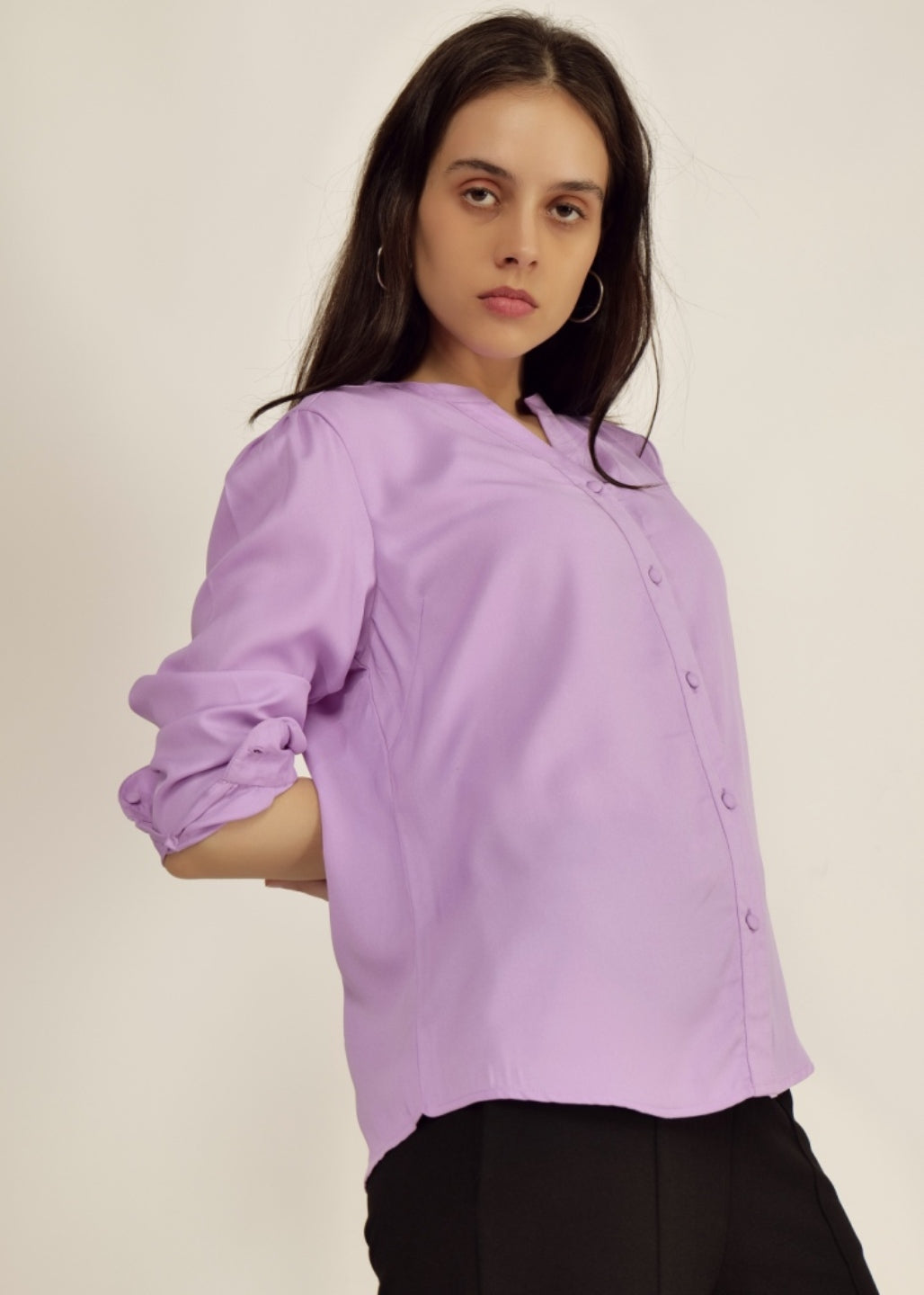 Lilac Full Sleeve Shirt casual/Office young girls/women Button Down Blouse for Women, Band Collar polyester crepe