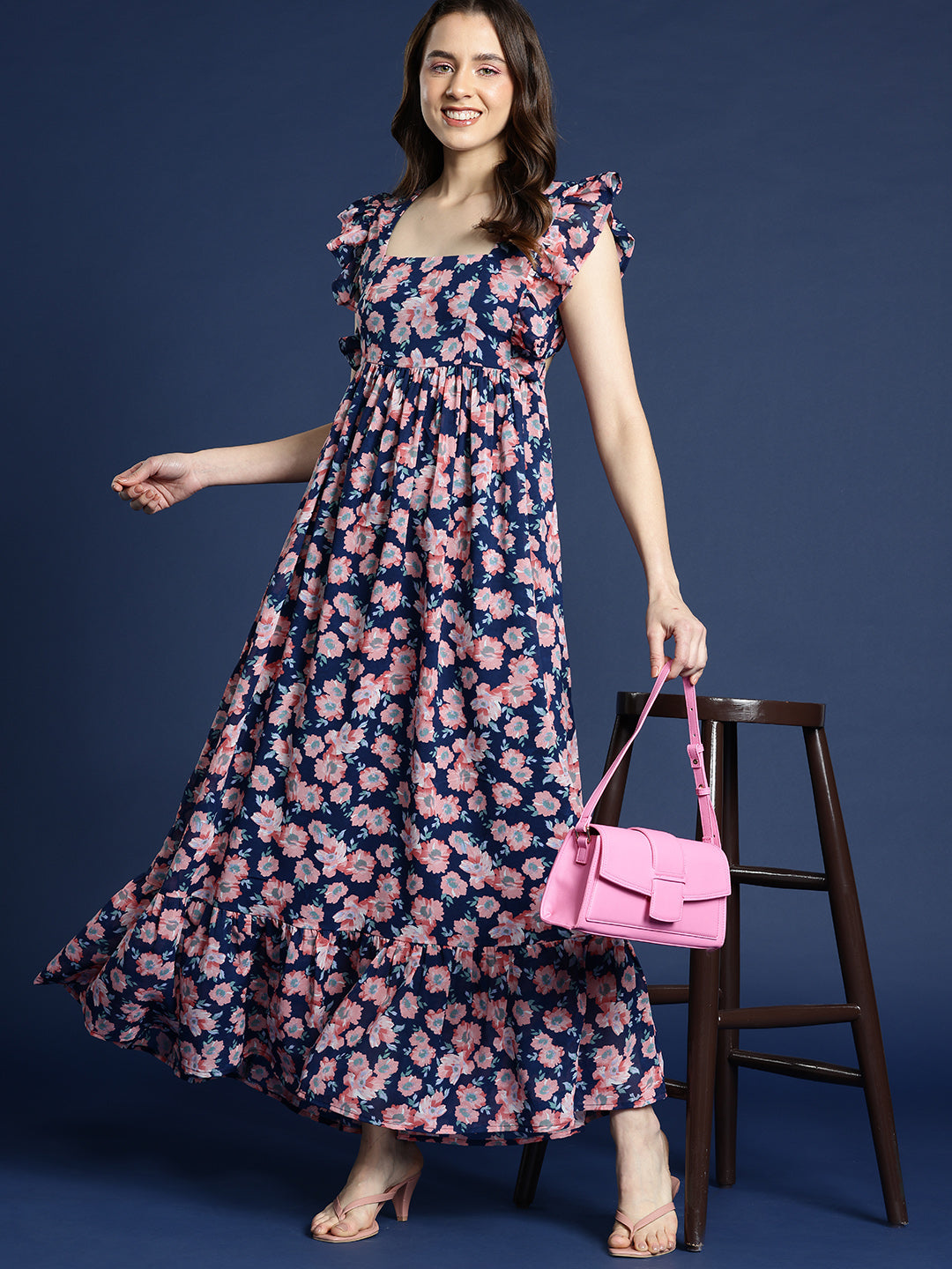 Floral Print Square Neck Ruffle Detail Maxi Length Dress