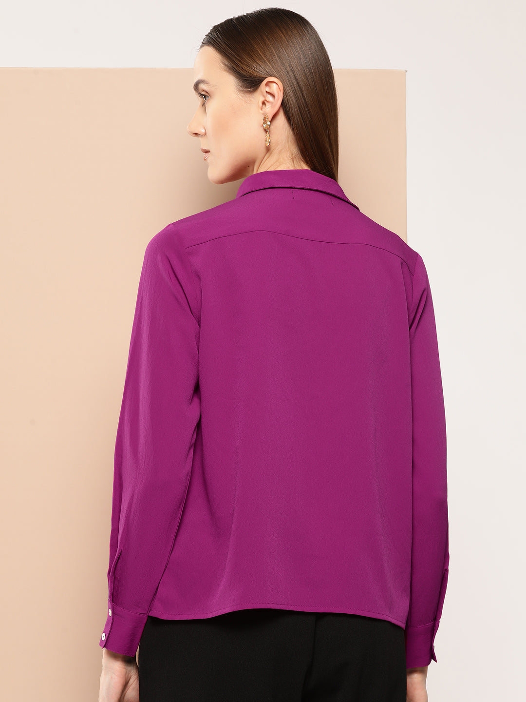 Purple solid opaque Semiformal shirt casual/Office young girls/women spread collar, button placket, long regular sleeves, curved hem polyester c