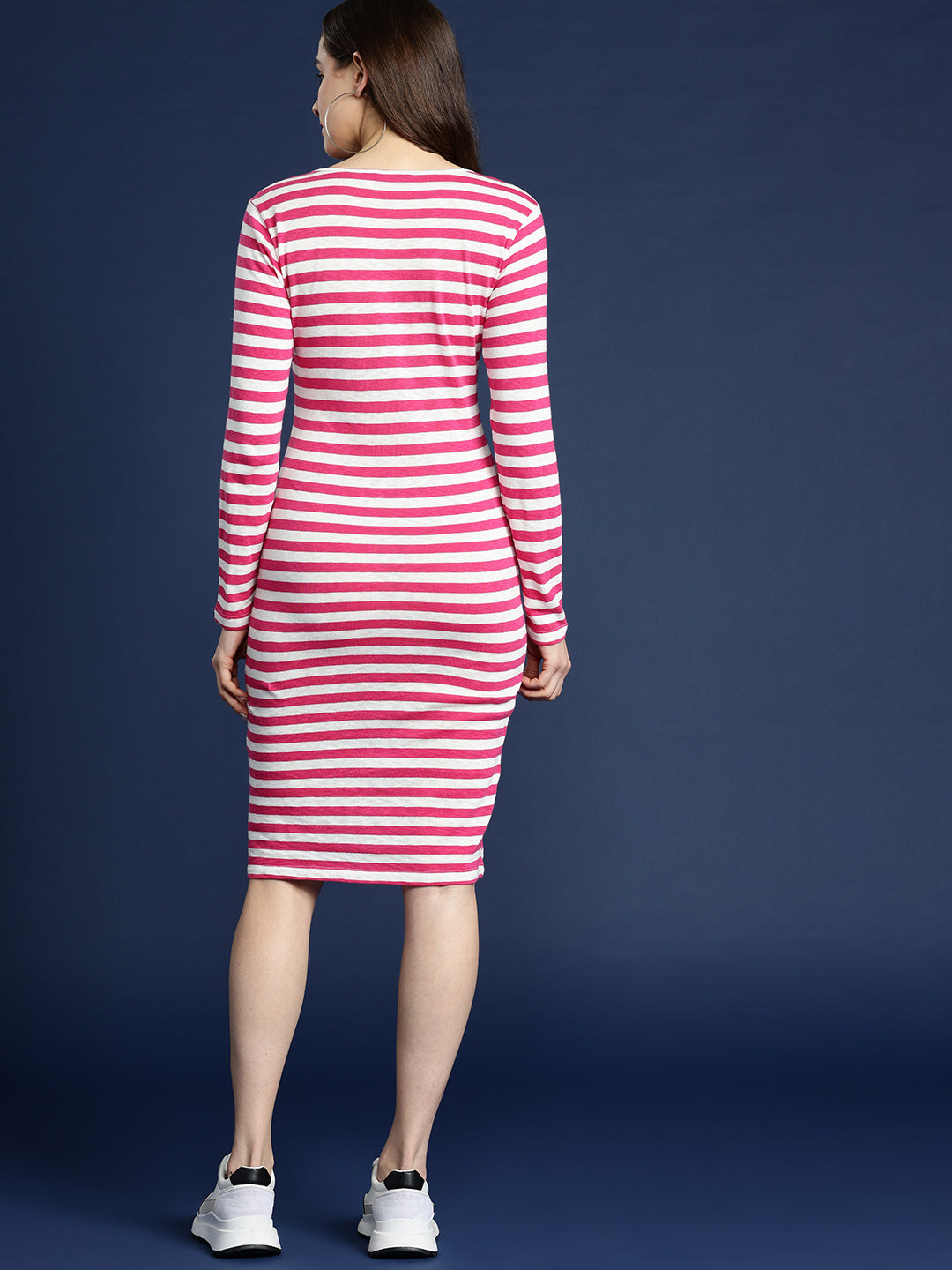 Red And White Striped Ruched Detail Bodycon Knee Length Dress