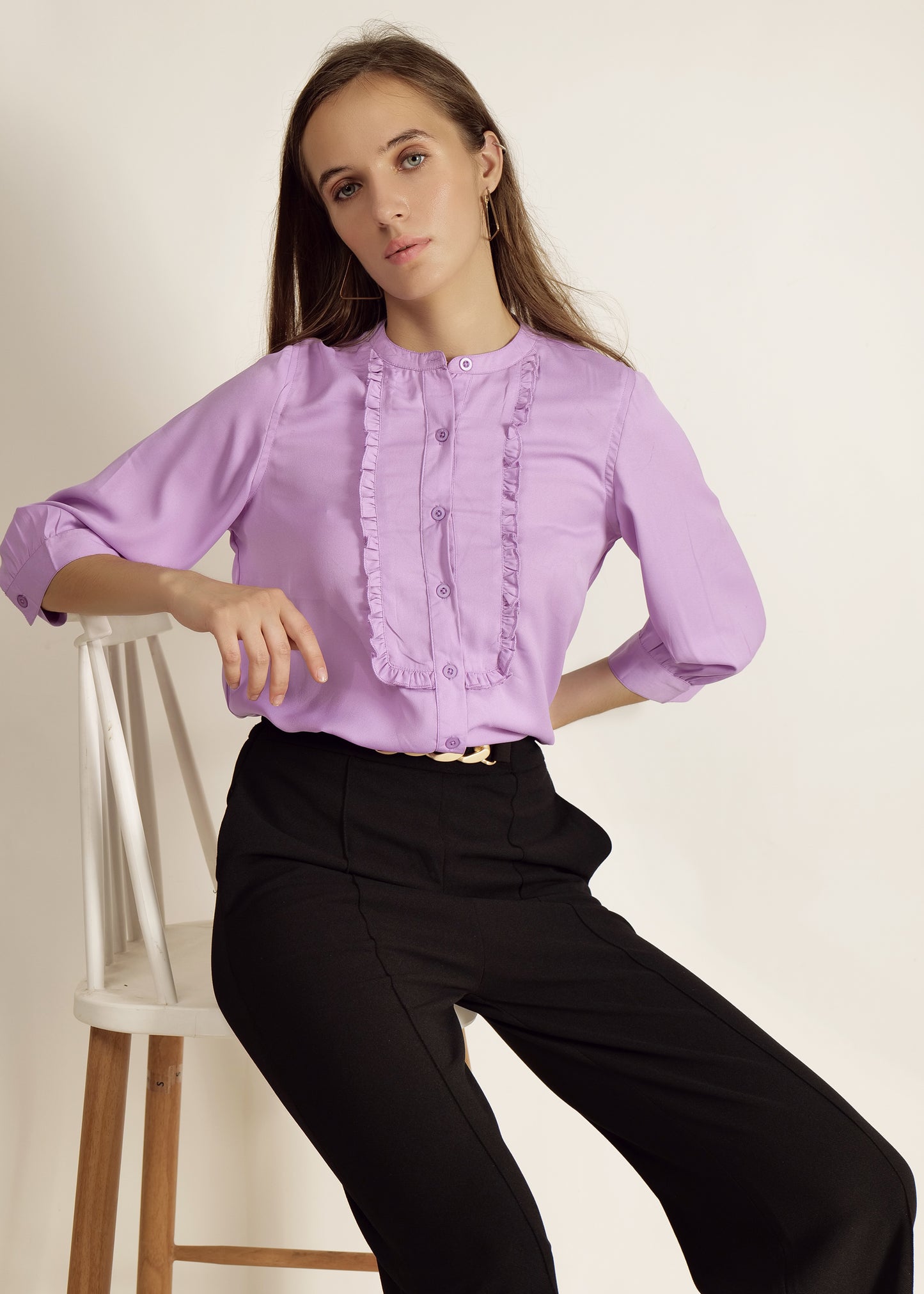 Lavender Mandarin Collar Shirts casual/Office young girls/women Lavender Solid Front Ruffled 3/4 Sleeve 100polyester Dobby