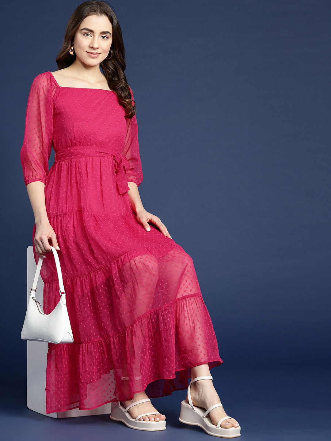 Pink Dobby Belted Tiered Maxi Dress