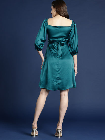 Teal Sweetheart Neck With Empire Waist Knee Length Dress In Satin