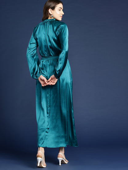 Teal Ruffle Detail Smocked Maxi Dress In Satin