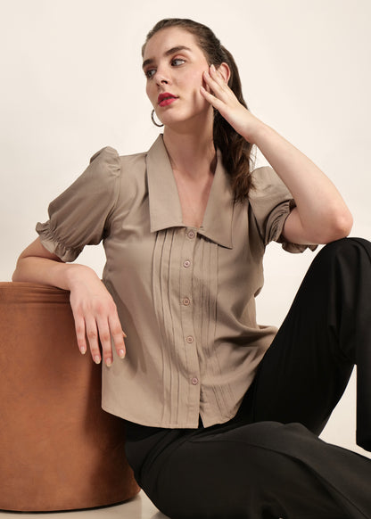 t-shirt office/ casual women puff sleeve pin-tuck poly