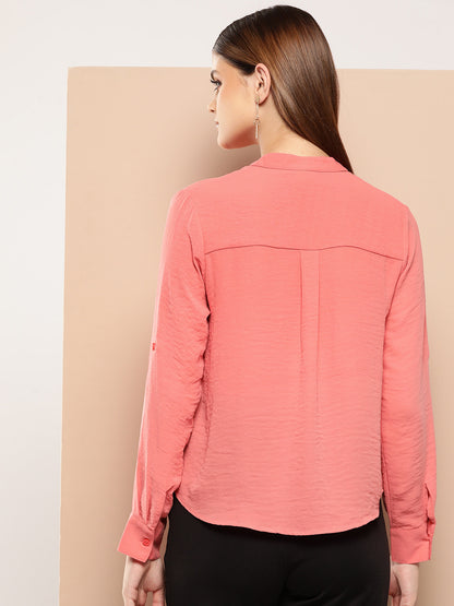 Coral pink solid opaque pintuck shirt casual/Office women has a spread collar