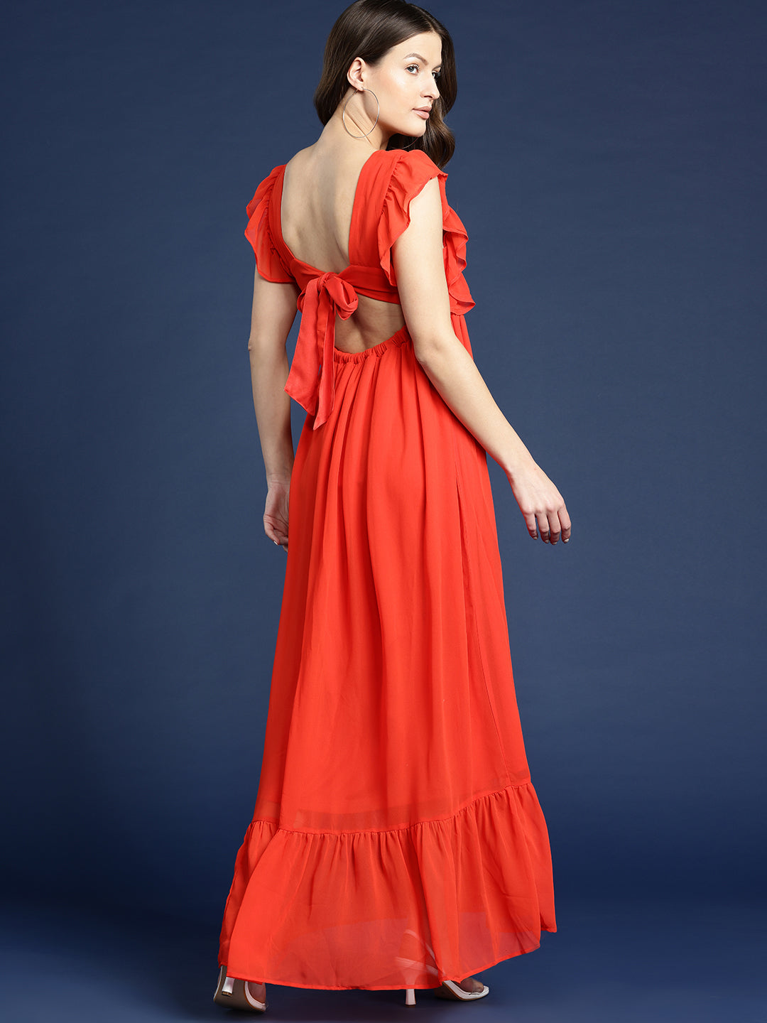 Orange Square Neck Ruffle Detail Maxi Length Dress