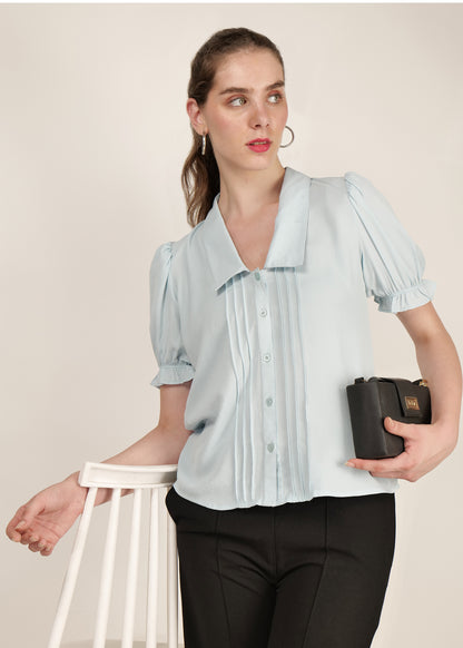 Aqua blue T-shirt office/ casual women puff sleeve pintuck poly