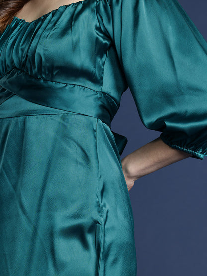 Teal Sweetheart Neck With Empire Waist Knee Length Dress In Satin