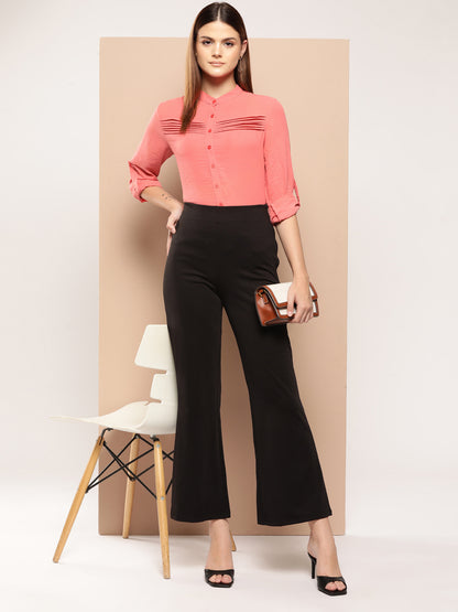 Coral pink solid opaque pintuck shirt casual/Office women has a spread collar