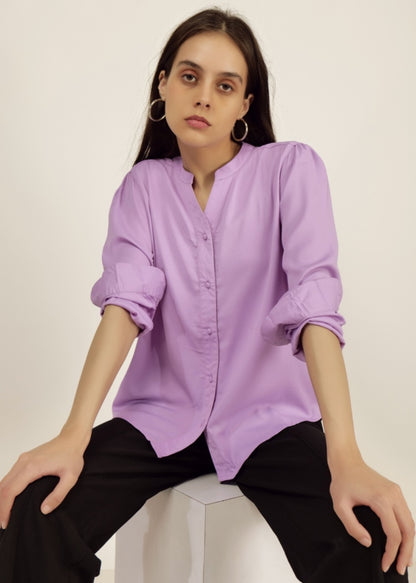 Lilac Full Sleeve Shirt casual/Office young girls/women Button Down Blouse for Women, Band Collar polyester crepe