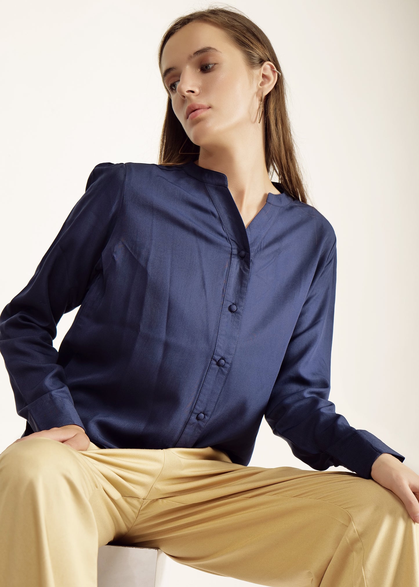 Navy Full Sleeve Shirt casual/Office young girls/women Button Down Blouse for Women, Band Collar  polyester crepe