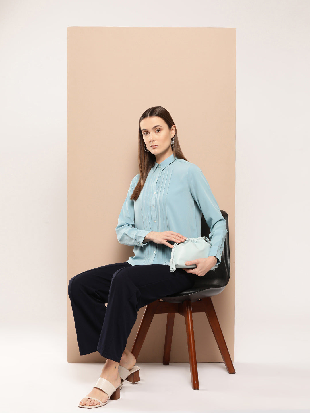 blue solid opaque semi formal shirt casual/office young girls/women  spread collar, button placket, long regular sleeve shirt curved hem polyester crepe