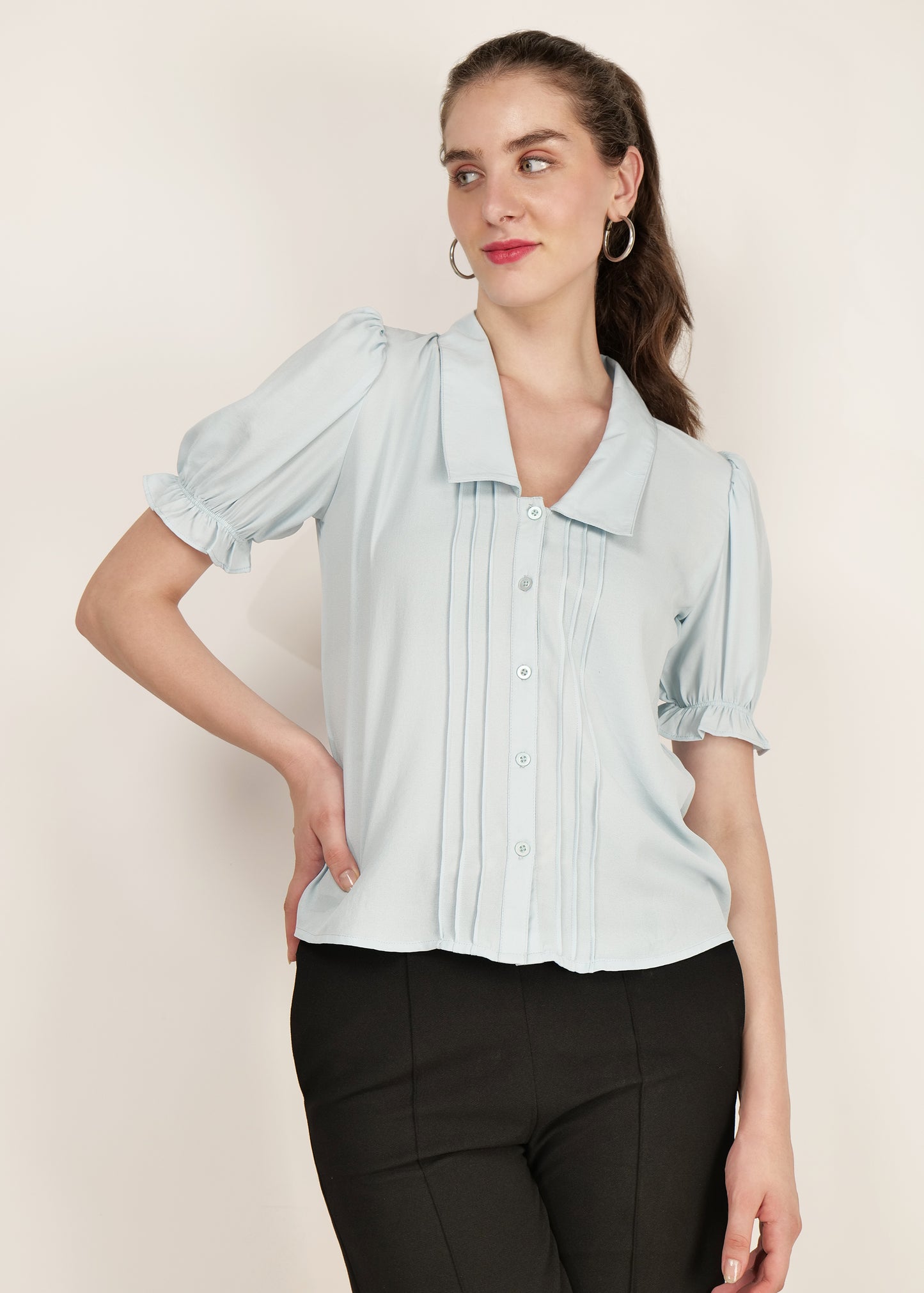 Aqua blue T-shirt office/ casual women puff sleeve pintuck poly