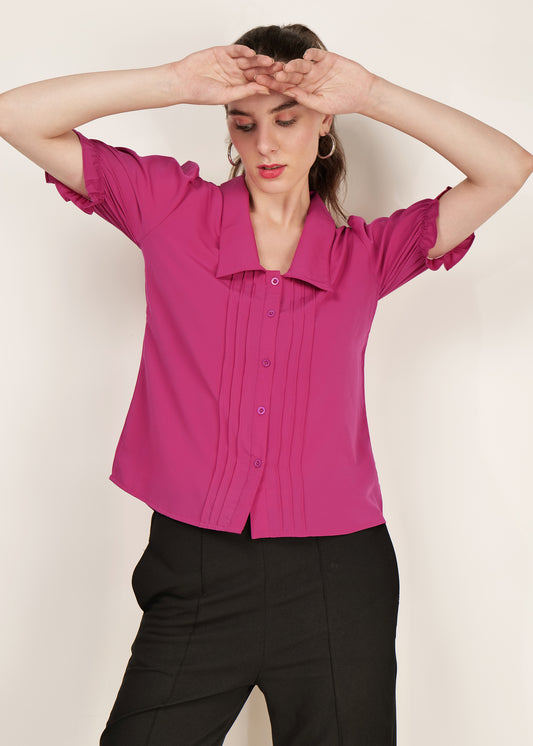 women Peripheral T-shirt office wear / casual wear puff sleeve pintuck poly